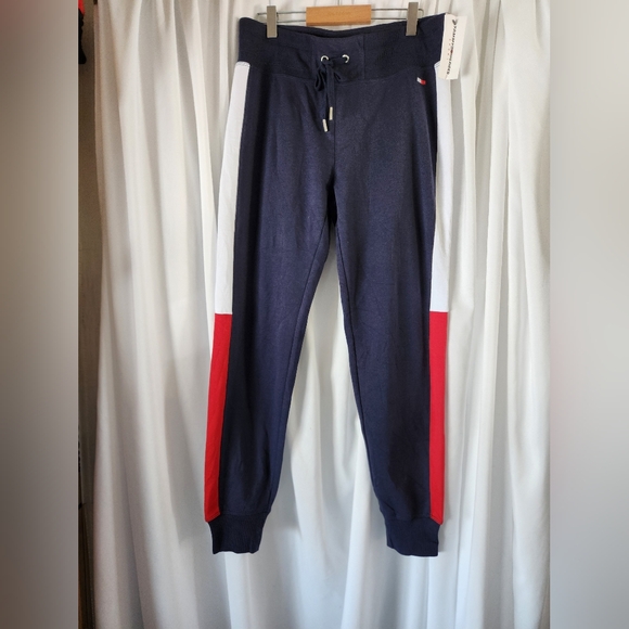 Tommy Hilfiger Navy Cotton blend joggers NWT sz S red and white stripe - Picture 1 of 10